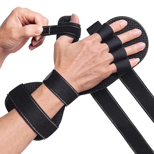 DrFinger Stroke Hand Brace Splint for Straightening Fingers with 5 Fingers Resting Support,Prevent Fingers Curling, Dupuytrens Contractures, Hand Spasms, Fit Right & Left, Men & Women -Black- M