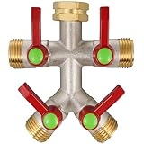 DINGBAI Hose Splitter 4 Way, High Flow Garden Hose Splitter, 3/4" Ght Inlet Brass Heavy Duty Hose Converter, Full Flow water 4 Way Faucet hose splitter, Long Handle Hose Valve Large Outlet.