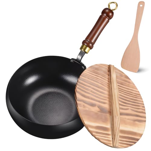 Wok de hierro sin recubrimiento de 10.23 pulg con tapa de madera miniatura 1