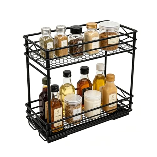 YANGZHIZHU Gewürzregal Ausziehbar mit 2 Ebenen - Küchenorganizer mit Rollenschienen - Gewürzständer für Küchenschrank 15kg belastbar (26x11x21 cm)