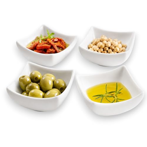 KORAT Set 4 Ciotoline Aperitivo Quadrate in Ceramica Bianca 140 ML, Coppette Snack e Salse per Olive, Pistacchi e Antipasti, Ciotole Moderne per Finger Food, Microonde e Lavastoviglie