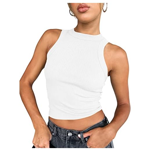 HOCILLE Women's Sexy Racerback Crop Tank Tops Basic Ribbed High Neck Sleeveless Cropped Top, Small, White