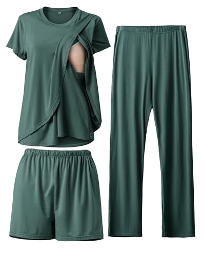 SUNNYBUY 3-teiliges Still-Pyjama-Set für die Zeit nach der Geburt, lässig, weich, Umstands-Pyjama, Nachtwäsche, Loungewear, Kleidungsschicht, Salbeigrün M