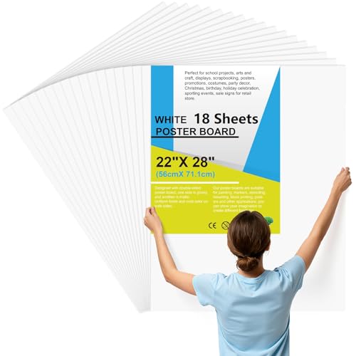 Image of 18 Pcs Poster Board 22 inch x 28 inch White Poster Paper Bulk, ROOKEA 250 GSM Vision Board for School Arts Craft Projects Presentations Drawing Scrapbooking Blank Graphic Display Office Supplies