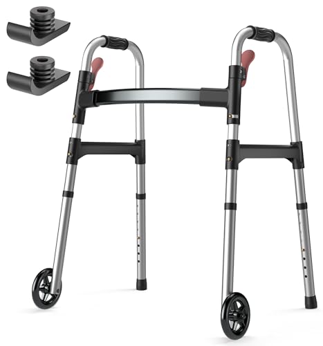HOMLAND Walkers for Seniors, One-Hand Folding, 8 Height Adjustments, Walkers with Wheels, 2 Skis and 5' Wheels, Lightweight Walker for Seniors, Standard Walkers for Seniors, Aluminum Frame, Silver
