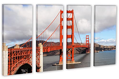 48 x 30 TOTAL - SF Golden Gate bridge Wall Art Canvas Print - 4 Panel Split, Home Decor, Wall Decor. cloudy skies