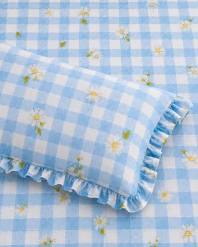 Image of 380 TC Premium Glace Cotton Elastic Fitted Bedsheet King Size with 2 Pillow Covers King Size | Double Bed with All Around Elastic (Blue Check, Fitted - 72 inchx78 inch King)