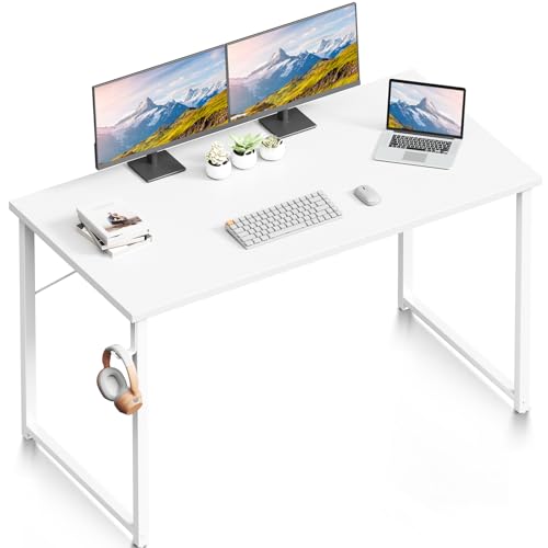 ODK 48 Inches Computer Desk for Small Spaces, Study Table for Home Office, Writing Desk with Headphone Hooks, White