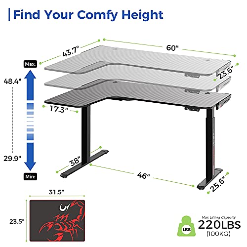 Eureka Ergonomic Standing Desk L Shaped, 60 Inch Gaming Desk Electric Height Adjustable Dual Motor Rising Sit Stand Up Corner Desk For Computer Home Office, Smart Memory Preset Mousepad, Large, Left #TOP2