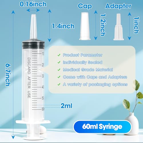 Image of 60ml Syringe for Liquid,50 Pack Large Plastic Syringes with Adapters and Cap,Individually Sealed Syringe for Feeding,Irrigation Water and Scientific Labs