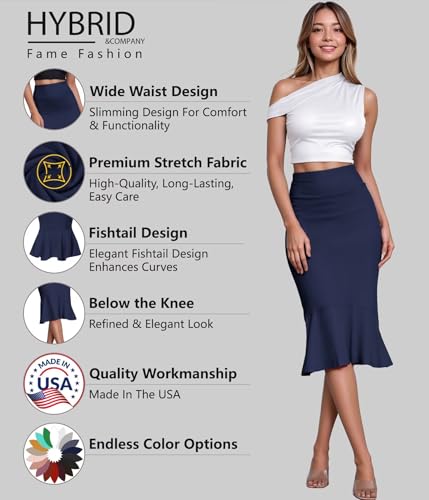 Image of HyBrid & Company Womens Premium Nylon Ponte Stretch Office Fishtail Pencil Skirt High Waist Made in The USA Below Knee