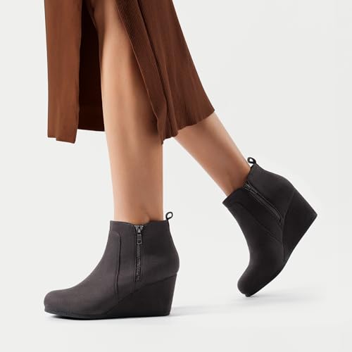 DREAM PAIRS DREAM PAIRS Women's Suede Low Wedges Ankle Boots,Size 6.5,Grey/Suede,DOUBLE
