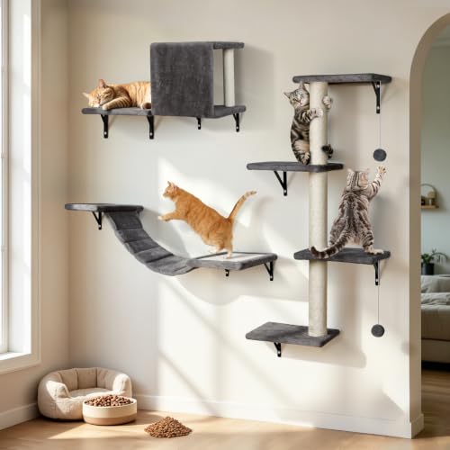 Masthome Cat Wall Furniture Set 4-in-1 Stable Wall Mounted Cat Shelves with Scratching Post 4-Step Ladder Play Tower & Cat House for Indoor Cats - Grey