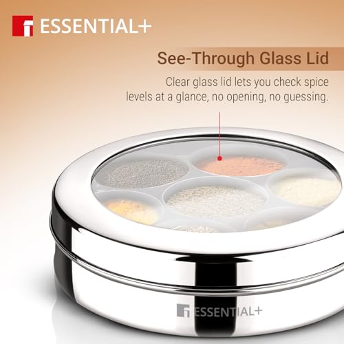 Image of BERGNER Essential Plus 7 in 1 Stainless Steel 21.5cm Masala Dabba with 7 Container 1 Spoon and See Through Glass Lid, Spice Box /Masala Dani /Container for Kitchen, 100% Food Safe, Easy to Clean