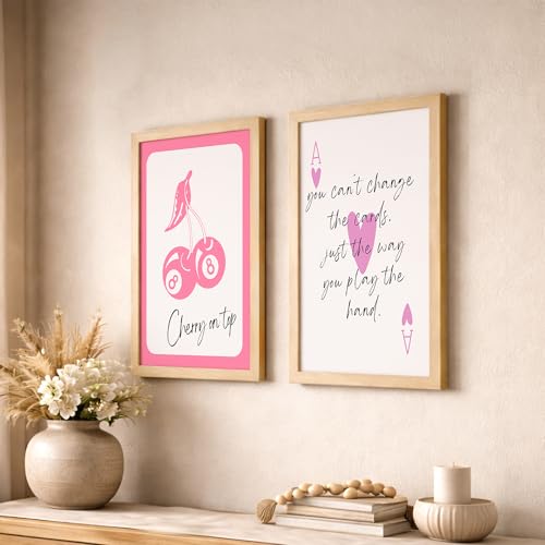 Image of NoWorries Pink Playing Cards Wall Painting Set | Cherry on Top and Ace Quote Art Prints | Aesthetic Card Theme Wall Decor | Premium 300 GSM Paper Print with Synthetic Wooden Frame | Modern Decor for Bedroom & Living Room (Set of 2) (NATURAL, ART-4, 13X19INCHES)