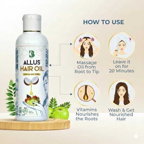 Image of Allus Hair Oil - Natural Hair Growth Oil for Men & Women | Reduces Hair Fall & Dandruff | Promotes Thick, Long Hair | Herbal Formula | Coconut Oil 200 ml