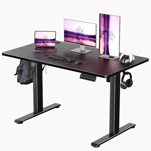 CROWNFURN Electric Standing Desk Adjustable Height, 55 x 24 Inch Sit Stand Up Desk, Memory Height Computer Desk for Home Office with Hook (Black)
