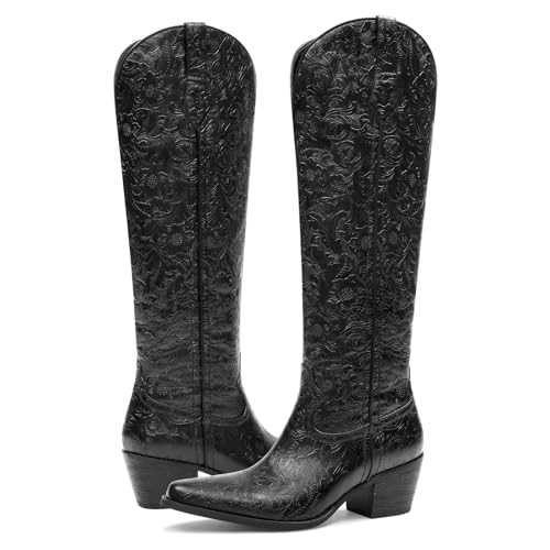 Womens Cowboy Boots Embossed Knee High Western Boots Pointed Toe Comfortable Chunky Heel Pull on Riding Cowgirl Boots3