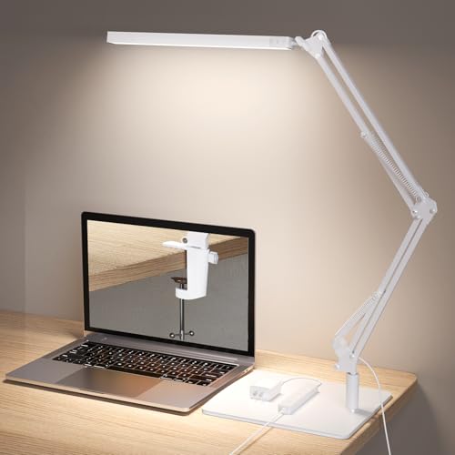 TROPICALTREE - LED Desk Lamp with Clamp and Round Base, Eye Care Table Lamp with Swing Arm, 3 Color Modes, 10 Brightness Levels, Memory Function, Light
