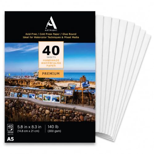 Image of ArtRight Artists Watercolor Paper (A5 Pack of 40 Sheets, 300 GSM); Handmade Watercolour Paper for Artists