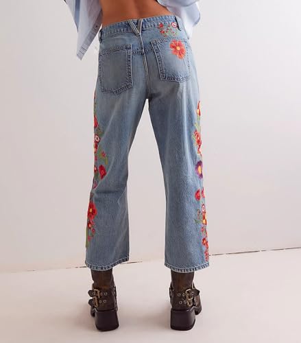 loveimgs Women Baggy Jeans Y2k Floral Embroidered Crop Denim Pants Wide Leg Mid Rise Jeans Cowgirl Sweatpants Trouser Pockets2