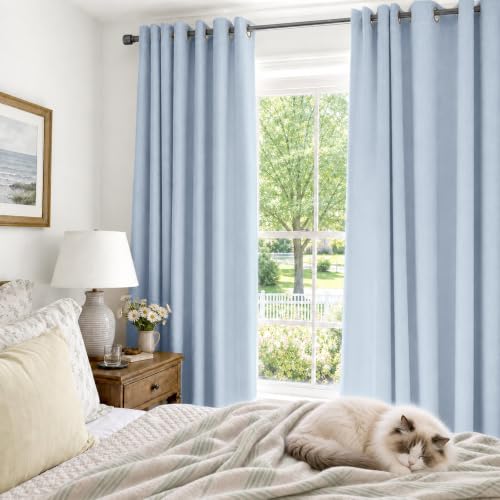 Image of 100% Blackout Blue Curtains 84 Inch Long 2 Panels Set, Chambray Blue | 100% Blackout Shield, Light Blocking, Thermal Insulated, Grommet Top, Window Curtains for Bedroom, Linen Textured, 50 inchx84 inch