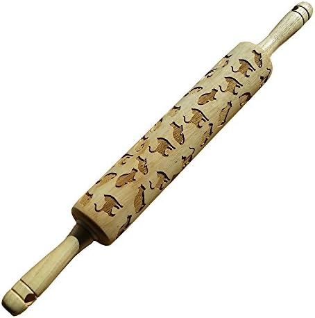Wooden Cat Rolling Pin - Embossed with Cat Design 17" Total Length Engraved Hardwood Cylinder and Cat