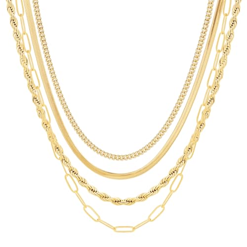 MFRYK Gold Necklaces Stack For Women,14K Gold Plated Simple Layered Choker Necklaces For Women,Stackable Multilayer Gold Rope Cuban Herringbone Snake Paperclip Chain Layering Necklace Set Jewelry Gift