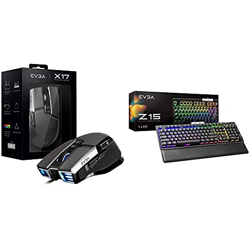 EVGA X17 Gaming Mouse, Wired, Grey, Customizable with EVGA Z15 RGB Gaming Keyboard, RGB Backlit LED, Hotswappable Mechanical Kailh Speed Silver Switches (Linear), 821-W1-15US-KR