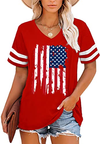 American Flag Shirts Women Patriotic Shirt 4Th Of July Tee Tops V-Neck Short Sleeve Summer T-Shirt #TOP1