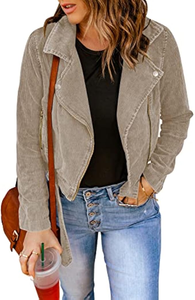 Dokotoo Womens 2023 Winter Fall Zip Up Corduroy Short Jackets Coats with Belt