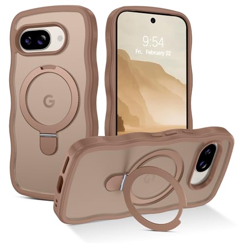 GaoBao Magnetic for Google Pixel 9A Case with Ring Stand [Compatible with MagSafe] Curly Wave Frame Case Translucent Matte Shockproof Protective Cover for Pixel 9A Desert Titanium