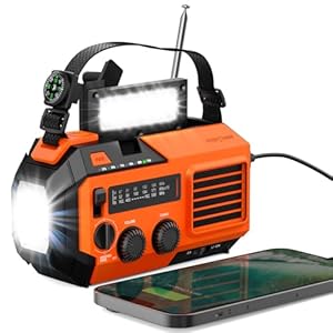 FosPower Emergency Weather Radio (Model A6) NOAA/AM/FM with 19240mWh Portable Power Bank, USB/Solar/Hand Crank Charging, Battery Operated, SOS Alarm & Flashlight for Indoor/Outdoor Emergency – Orange