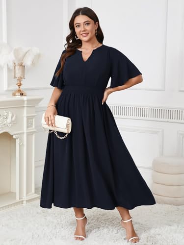 Image of Women's Plus Size Dress for Women Wedding Guest Cocktail Smocked Ruffle Short Sleeve V Neck Flowy Maxi Dresses