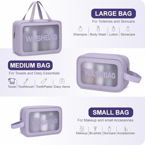 Image of FLYNGO Clear Makeup Pouch Set, Cosmetic Organizer Bag for Women and Girls Travel Waterproof Toiletry Storage Kit (Set of 3 Purple)