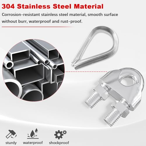 Twidec N-075-20PCS 304 Stainless Steel 1/8 Inch Wire Rope Cable Clip Clamp And Stainless Steel Thimbles thumb #3