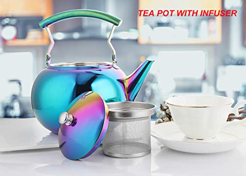 OMGard Tea Kettle with Infuser Loose Leaf Rainbow Teapot 2 Liter Tea Coffee Pot Stainless Steel Strainer Colorful Teakettle for Stovetop Induction Stove Top Boiling Water Camping 2 Quart / 68 Ounce - Thumbnail 6