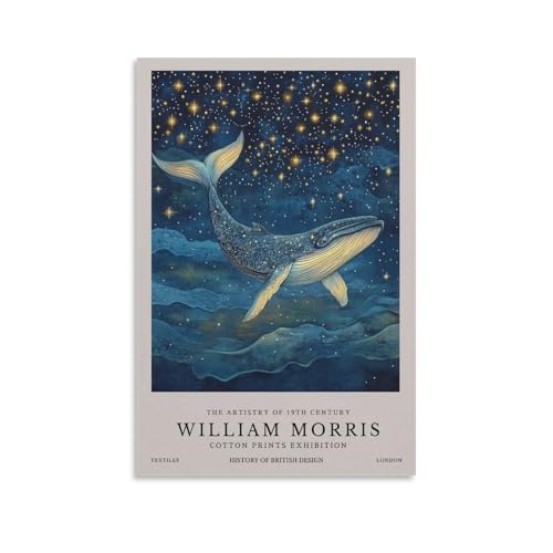 Poster vintage psychédélique William Morris - Baleine étoilée - Décoration murale pour chambre à coucher - 20 x 30 cm