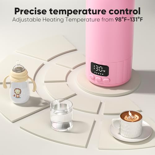 Image of Portable Bottle Warmer for Travel, Fast Heating Milk Warmer On The Go, 17 OZ Water Warmer for Milk, Formula, Water, Temp Control 98F -131F, Baby Essentials for Outdoor Airplane Car Journey, Pink