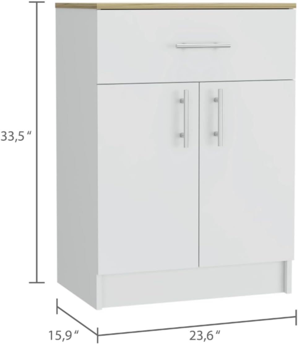Pantry Organizer Cabinet 33" H, One Drawer, Two Interior Shelves, Two Doors, White/Light Oak