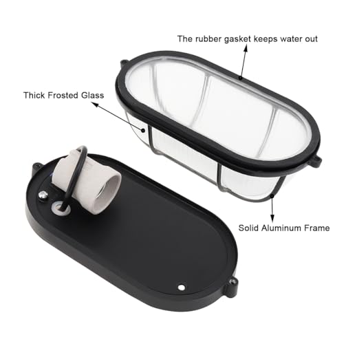 RTNLIT Nautical Bulkhead Light Fixture, Black Outdoor wall Light Fixture for Wall or Ceiling, Wet Location for Sauna Room, (Grid Oval, with Frosted Glass Lens, E26 Base) by RTNLIT - Image 4