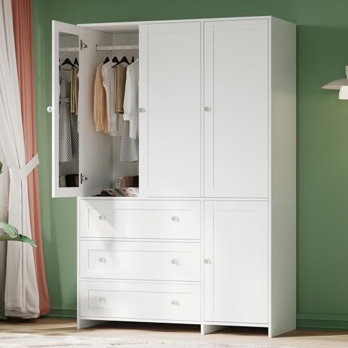 VOWNER Armoire Wardrobe Closet with Drawers and Mirror, 71" Clothing Storage Cabinet with Hanging Rod, 4 Doors Wooden Wardrobe Cabinet for Bedroom, Large Capacity Storage