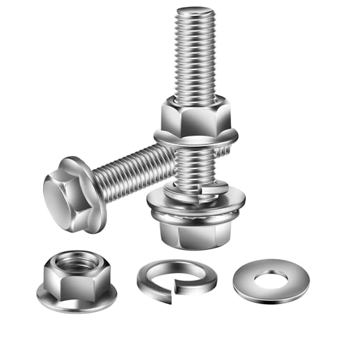 M10 x 20mm Flanged Hex Head Bolts, Nuts, Flat &amp; Lock Washers, 20Pcs 18-8 (304) Stainless Steel, Fully Threaded, by SG TZH