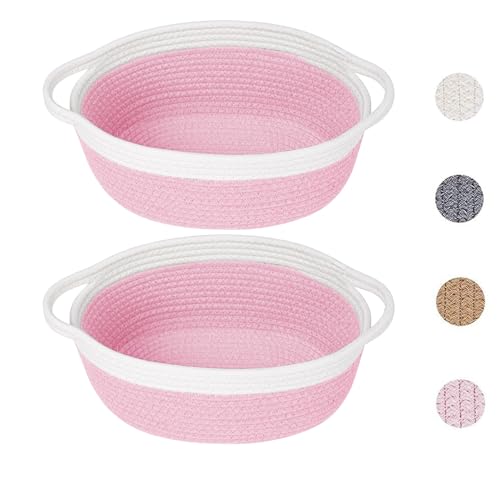 Image of 2 Pack Small Woven Storage Basket with Handles 12 inchx8 inchx5 inch, Decorative Rope Bin for Home Organization, Shelf Storage,Cotton Rope Room Shelf Storage Basket with Handles