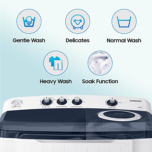 Image of Samsung 8 Kg Semi-Automatic 5 Star Top Load Washing Machine Appliance (WT80R4200LG /TL, Light Grey, Royal Blue Lid (Transparent), Hexa Storm Pulsator)