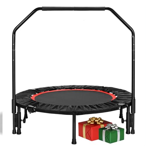 LIFERUN Trampolino Indoor 101 cm, Pieghevole per Fitness, Capacità di Carico 150 kg, Corrimano Regolabile in Altezza, Allenamento di Resistenza, Per Diversi Gruppi di Persone, Rosso
