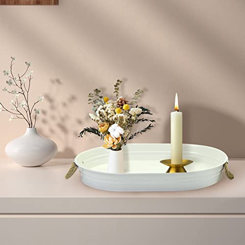 Farmhouse Galvanized Trays Farmhouse Decor 16.9"X12.2" Oval Trays With Handles Decorative Tray For Coffee Table Centerpieces Modern Farmhouse Home Decorations(Set Of 2,White) #TOP4