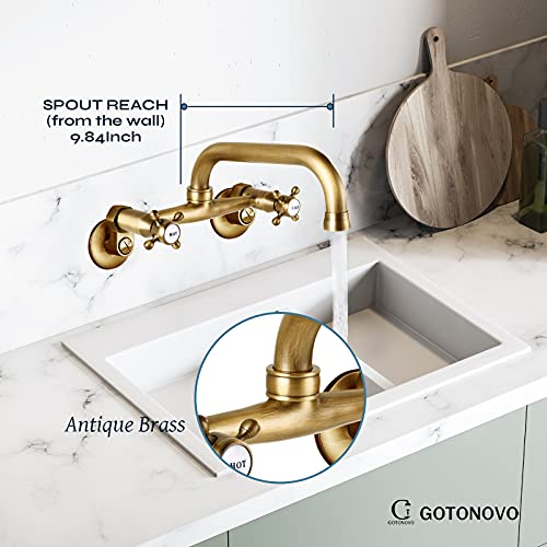 Wall Mount Faucet 6’’ Center Antique Brass Kitchen Sink Taps 2 Cross Knobs Handle Installation Kit For Wall Mount Commercial Kitchen Faucet For Stainless Steel Prep Utility Sink 1/2 Inch #TOP6