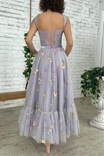 Women's Tulle Flower Embroidery Prom Dresses Lace Sleeveless Formal Evening Party Gowns Tea Length A-line Ball Gown4