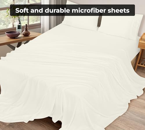 Image of Royale Linens Twin Flat Sheet - Ultra Soft Brushed 1800 Microfiber Flat Sheets Only - Wrinkle Free & Stain Resistant - Hotel Quality Top Sheet for Bed - (Full, Ivory)